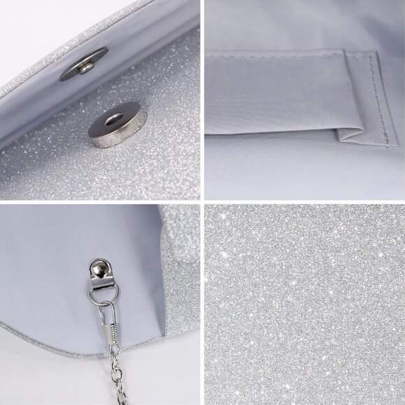 Glamorous Silver Glitter Evening Clutch with Chain - Perfect for Weddings & Prom - Picture 6 of 7
